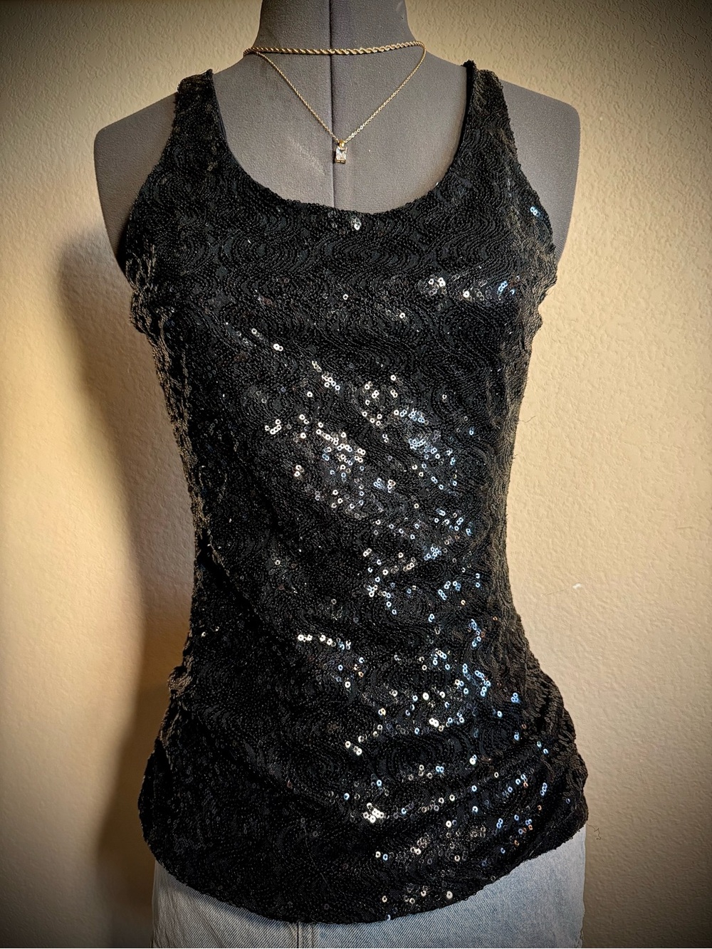 Vintage 90s Y2K Sequin Black Tank Top Shirt Layered S